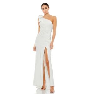 NWT $348 MAC DUGGAL WHITE ONE SHOULDER BOW DETAIL SIDE SLIT MAXI DRESS GOWN